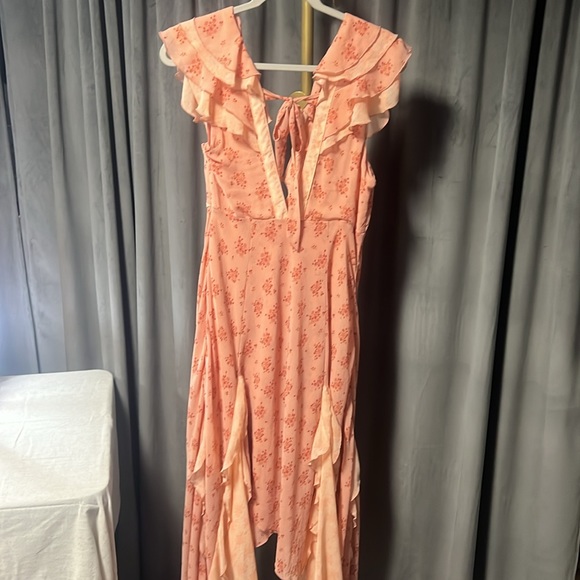 Free People Joaquin Floral Asymmetrical Hem Midi Dress in Peach Combo - Picture 10 of 14